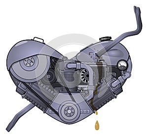 Motor heart pierced with a crowbar in the style of steampunk. Vector