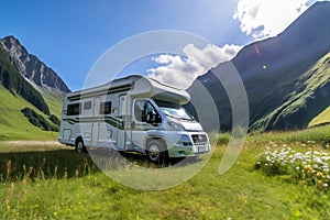 Motor home parked in field with mountains in background