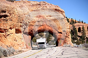 Motor home RV driving through a tunnel in Utah.