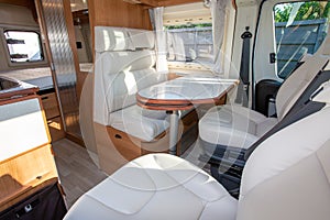 Motor home white wooden interior inside luxury modern camper van Travel Trailer