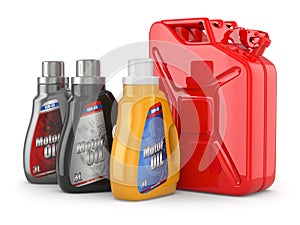 Motor oil canister and jerrycan of petrol or gas.