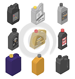 Motor oil icons set, isometric style