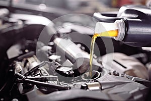 Motor oil pouring to car engine. Repair service.