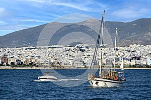 Motor and sail boats going to marina Zeas, Piraeus city, Greece