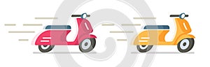 Motor scooter flat moving icon vector graphic illustration set, red yellow trip simple motorcycle moped quick speed traveling side