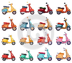 Motor scooters side view set in cartoon style. Retro scooter objects, vintage italian city delivery motors bikes objects