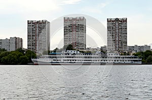 The motor ship `Ilya Muromets` is moored at the Northern River Station at Khimki Reservoir in Moscow.