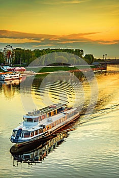Motor ship sails on river Volga