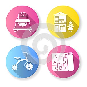 Motor skills development flat design long shadow glyph icons set