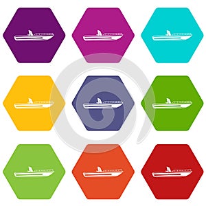 Motor speed boat icon set color hexahedron