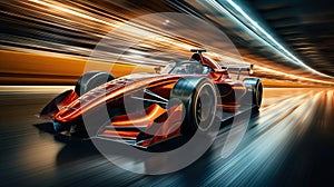 Motor sports competitive racing. Amazing modern fast F1 pilot of sport car, bolide driving at racetrack with motion blur.