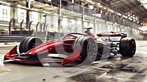 Motor sports competitive team racing.Red F1 generic race car sleek hybrid with an industrial background