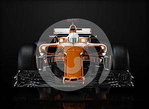 Motor sports competitive team racing. Sleek generic orange race car and driver with front view perspective