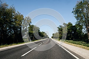 Motor transport routes between trees laid asphalt in Ukraine pre -war period