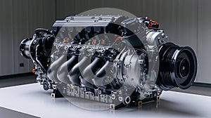 A Motor vehicle engine on white table, surrounded by Automotive design elements