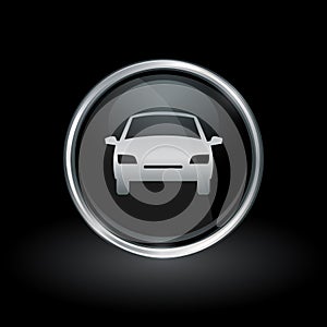 Motor vehicle icon inside round silver and black emblem