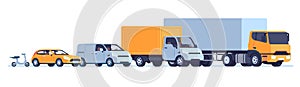 Motor vehicles from mopeds to cargo trucks. Different cars. Hatchback sedan or scooter. Freight lorry with container or