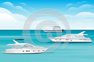 Motor yacht floating on the blue sea or ocean landscape summer day with cloud flat vector illustration