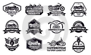 Motorbike badges. Retro motorcycle bike club emblems, racing and motorbike custom stamp, motorcycle rider emblems vector