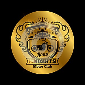 Motorbike club golden vector emblem with motorcycle
