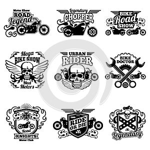 Motorbike club vintage vector patches. Motorcycle racing labels and emblems