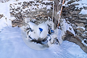 MotorBike Covered With Snow in Dhankar Village, Spiti Valley, Himachal