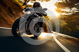 Motorbike leaning into corner on winding road. Generative AI