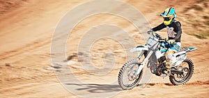 Motorbike, motorcross and speed on dunes with power, mockup and desert sports. Driver, motorcycle and travel on dirt