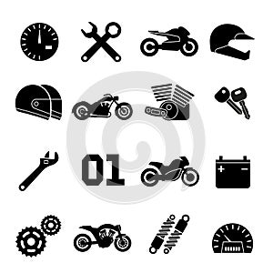 Motorbike, motorcycle race and spare parts vector icons