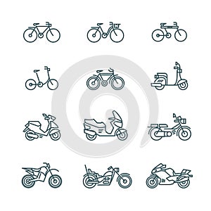 Motorbike, motorcycle, scooter, bike, bicycle thin line vector icons