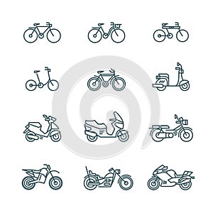 Motorbike, motorcycle, scooter, bike, bicycle thin line vector icons photo