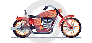 Motorbike. Red biker motorcycle with flame graffiti, classic vehicle for road racing, speed race modern style moped