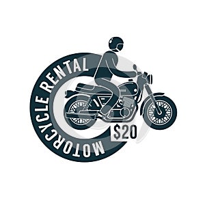 Motorbike rental - simple logo template with motorcyclist and ribbon