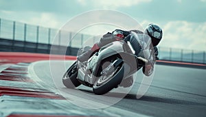 Motorbike rider in helmet and gear racing at high speed on race track with motion blur