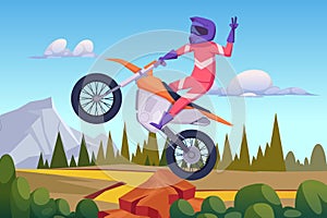 Motorbike rider. Sport cyclist jumping on bike outdoor landscape background