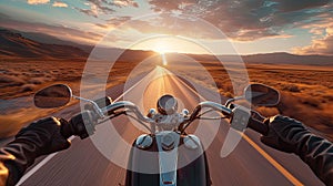 motorbike on the road riding, having fun driving the empty road on a motorcycle tour journey, copyspace for your