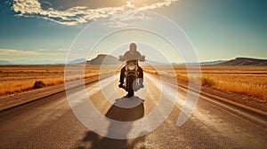 motorbike on the road riding, having fun driving the empty road on a motorcycle tour journey, copyspace for your