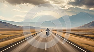 motorbike on the road riding, having fun driving the empty road on a motorcycle tour journey, copyspace for your