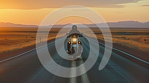 motorbike on the road riding, having fun driving the empty road on a motorcycle tour journey, copyspace for your