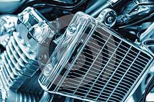 Motorbike`s chromed engine. Motorbike engine close up shot