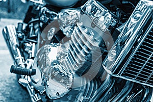 Motorbike`s chromed engine. Motorbike engine close up shot