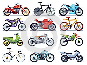 Motorbike set. Motorcycles and scooters, bikes and choppers. Speed race and delivery retro and modern vehicles flat