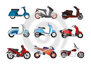 Motorcycle set. Motorbike and scooter, bike and chopper. Motocross and delivery vehicles side view isolated vector flat icons