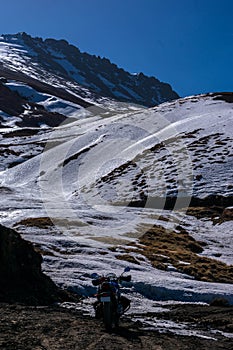 MotorBike in Snow Covered Mountains - Langza Village, Spiti Valley, Himachal Pradesh