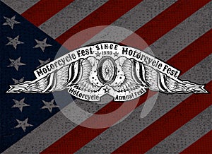 Motorbike wheel between wings with USA flags on Star and sripes background. Vintage motorcycle design on white