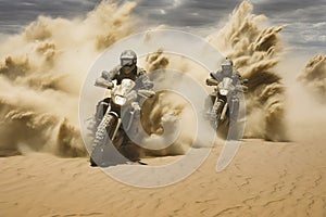 Motorbikes racing through the desert, AI generated photo