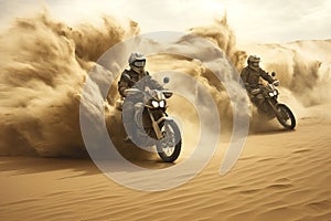 Motorbikes racing through the desert, AI generated photo