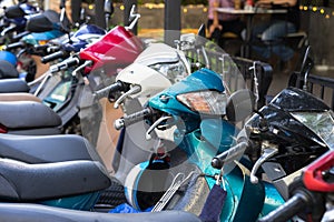 Motorbikes parking on Hanoi street, Vietnam