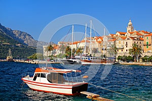 Motorboat anchored near Korcula old town, Croatia