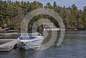 Motorboat docked on a lake